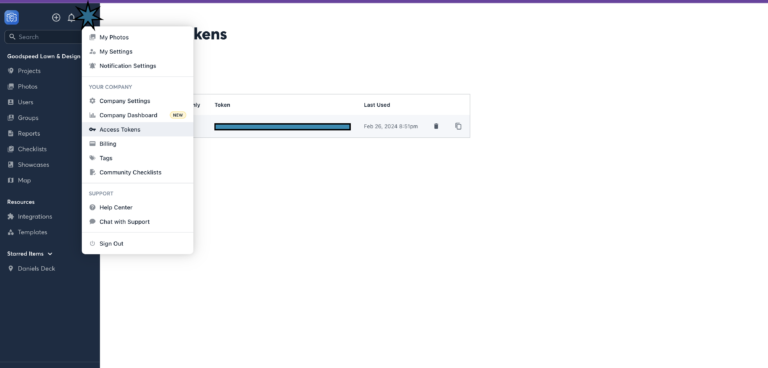 CompanyCam Access Tokens Menu